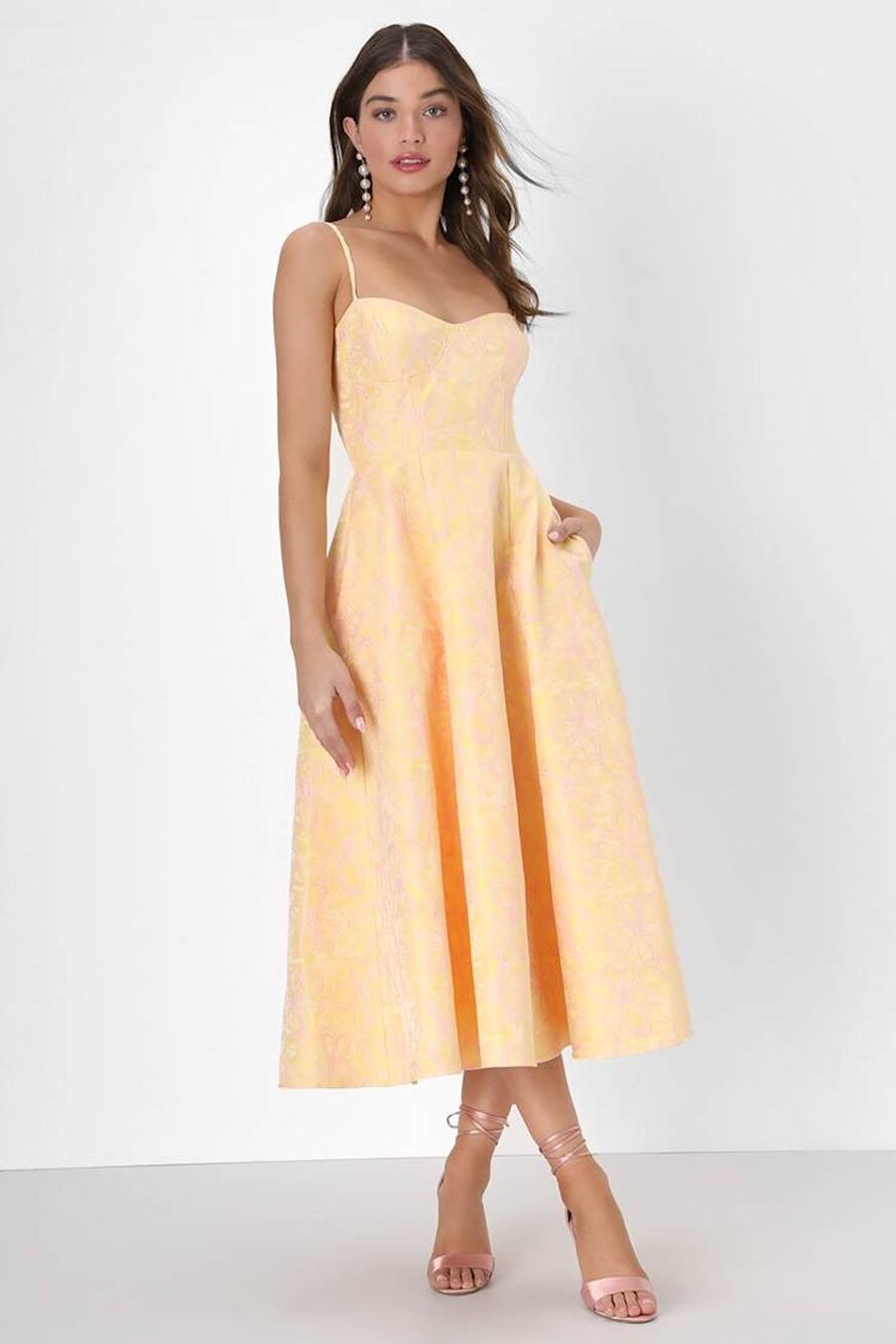 NWT Lulus Meet for Tea Yellow Jacquard Bustier Midi Dress With Pocket Wedding XS
